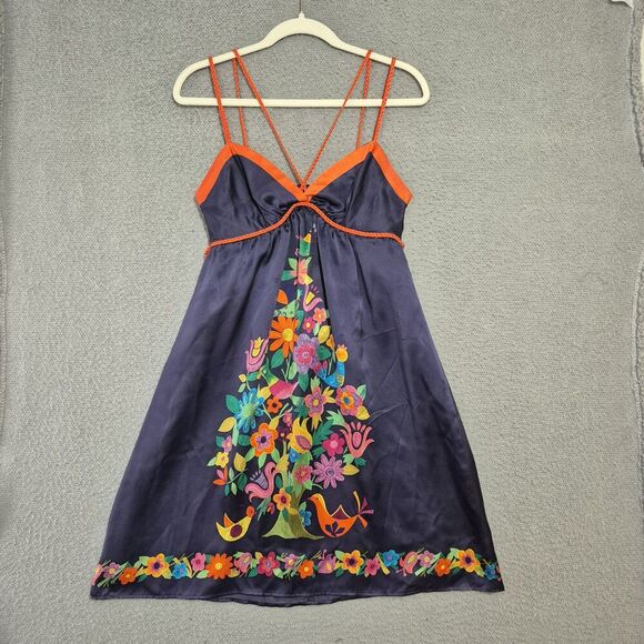 Y2K Voom by Joy Han Silk Women's Navy Orange Bird Floral Strappy Silk Dress M - Picture 1 of 6